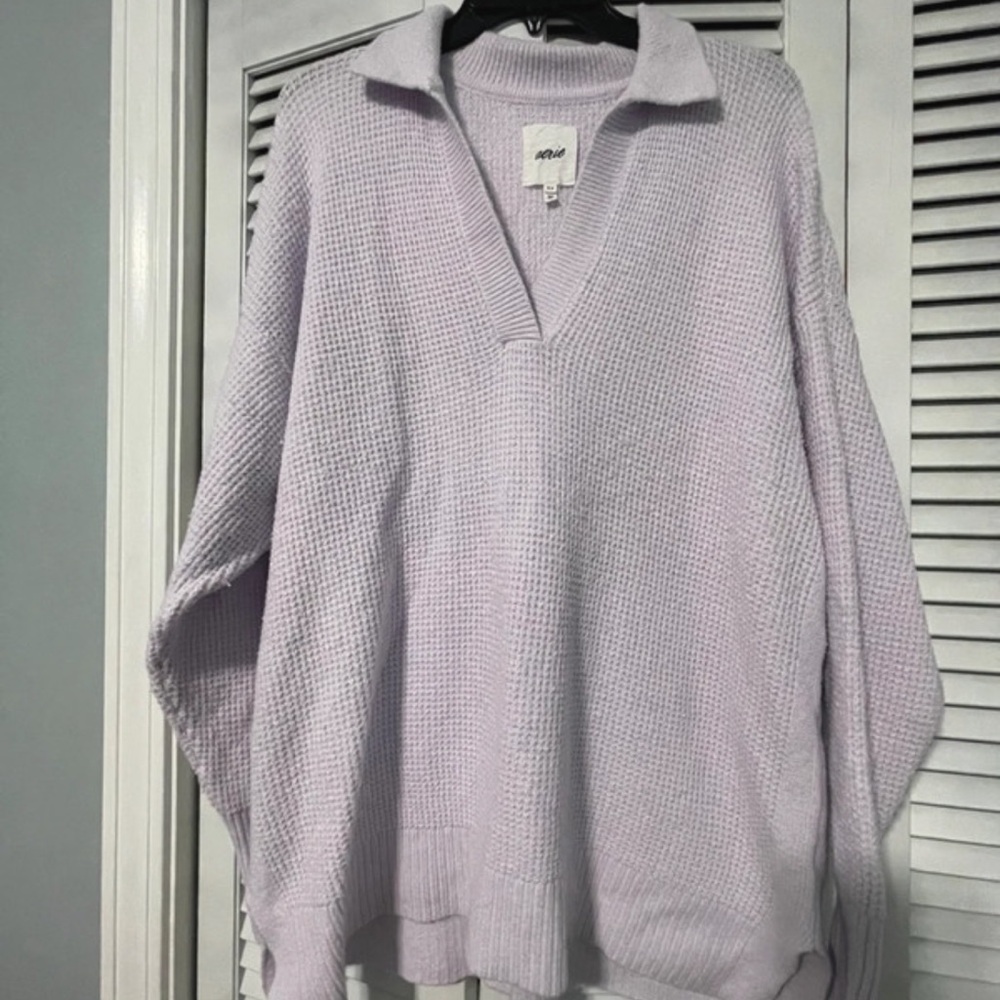 aerie Lavender Open-Collar Waffle-Knit Pullover Sweater